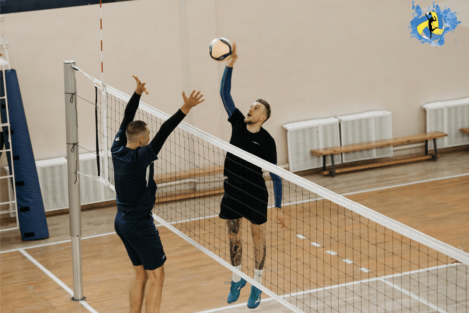 Two male volleyball players playing in indoor court wearing best shoes