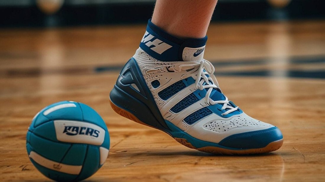 Best volleyball shoes for ankle support in blue and white on a volleyball court