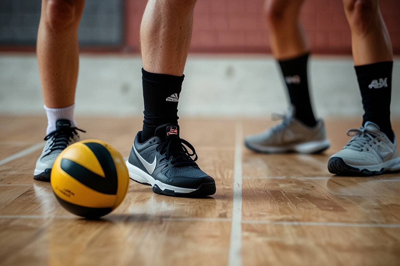 Two men on an indoor volleyball court, poised to hit the ball, wearing cushioned volleyball shoes with the ball in front of them