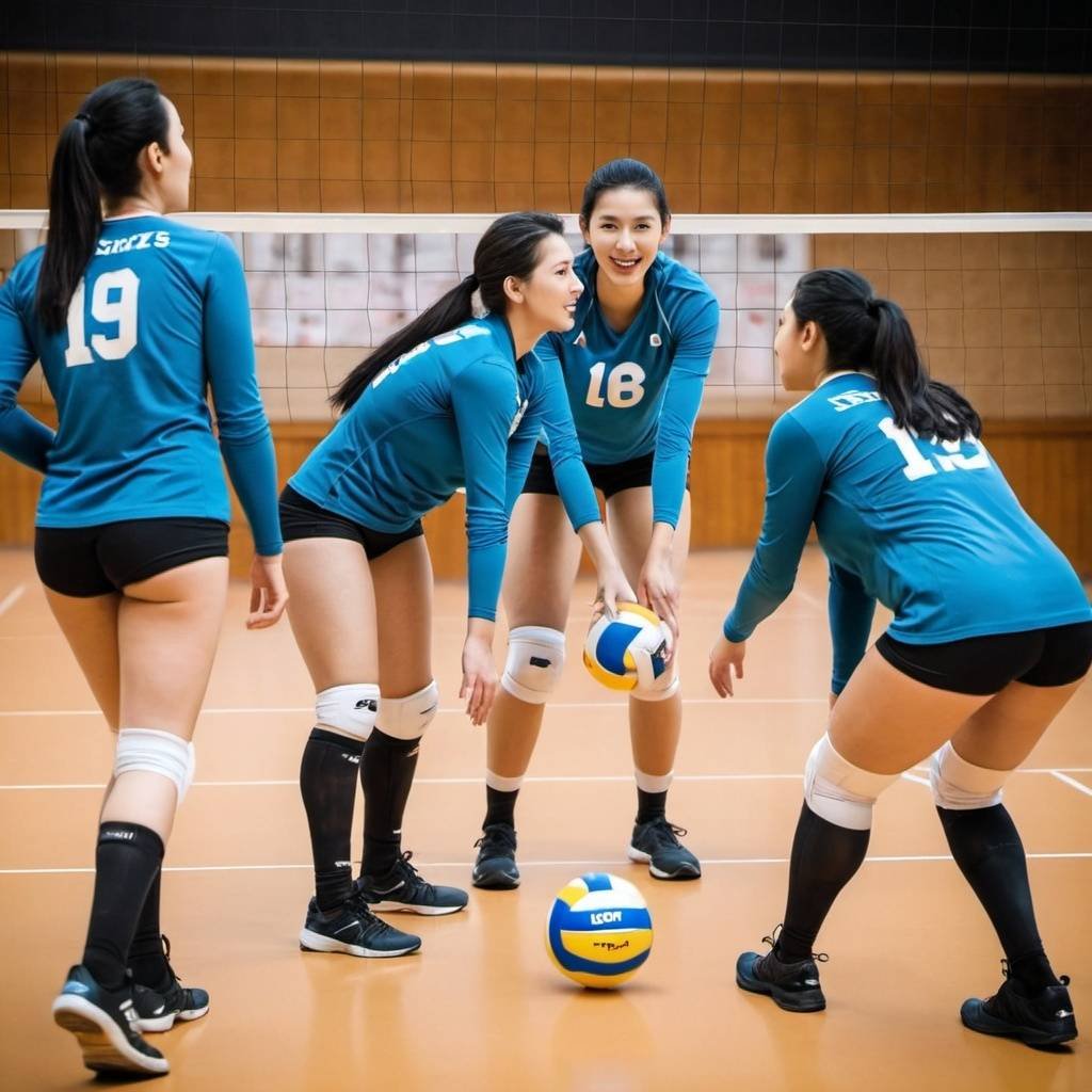 Four girls in blue shirts practicing volleyball with full gear, including cushioned volleyball shoes.