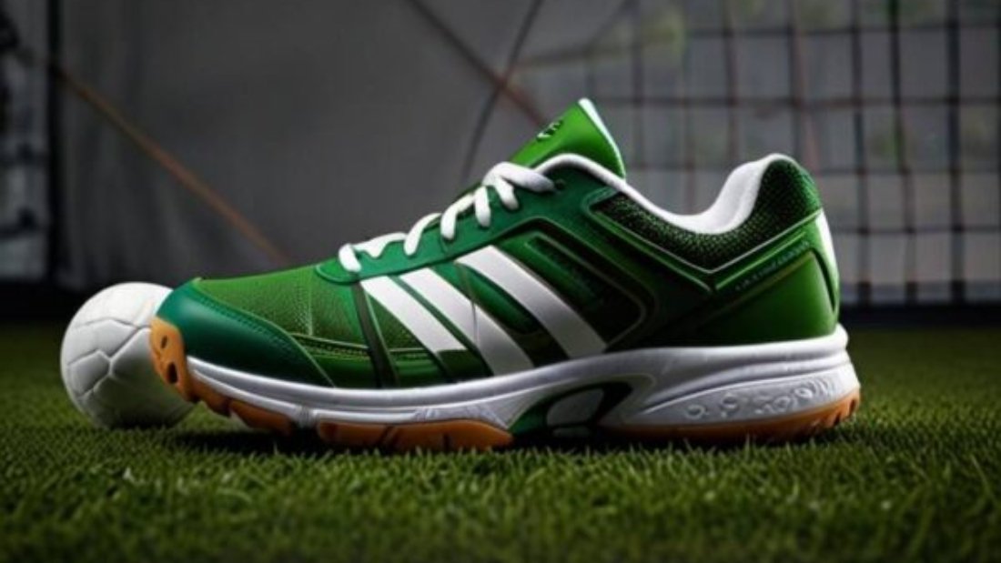 Green sneakers on grass, ideal for grass volleyball, highlighting durability and traction