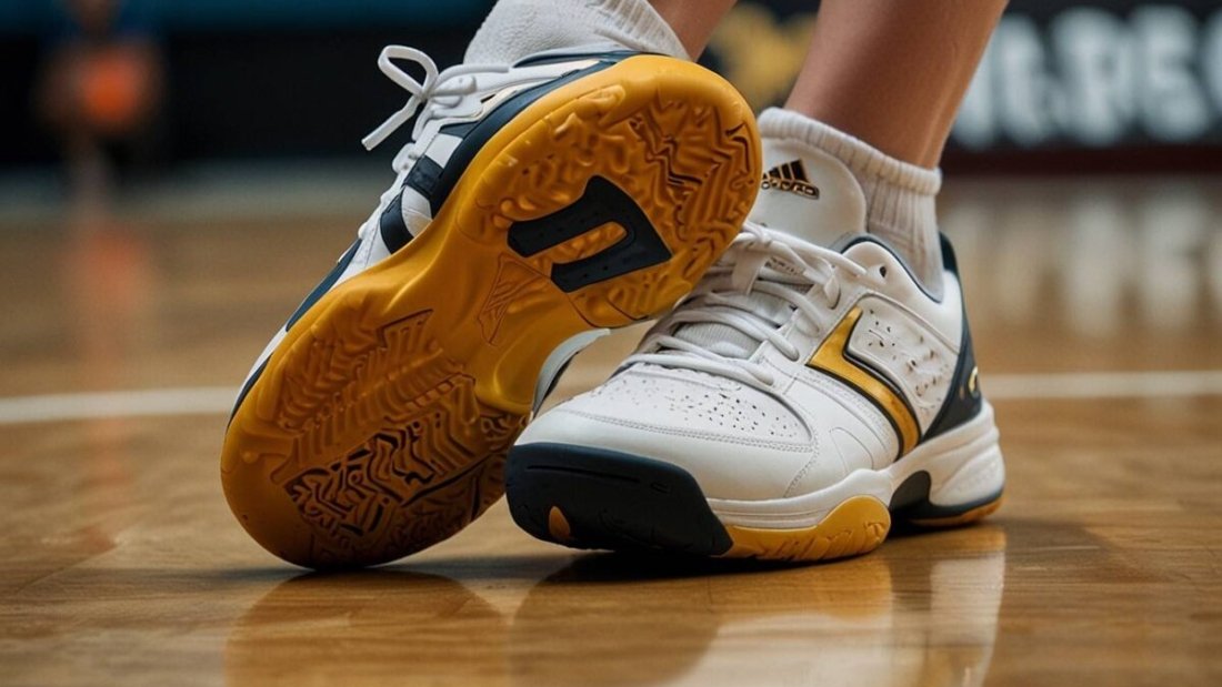 Bright yellow and white volleyball shoes on an indoor court floor