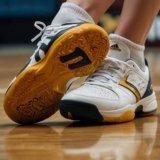 Bright yellow and white volleyball shoes on an indoor court floor