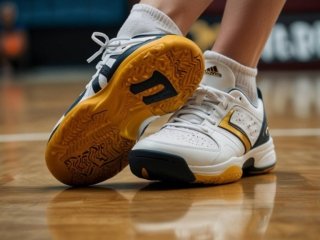 Bright yellow and white volleyball shoes on an indoor court floor