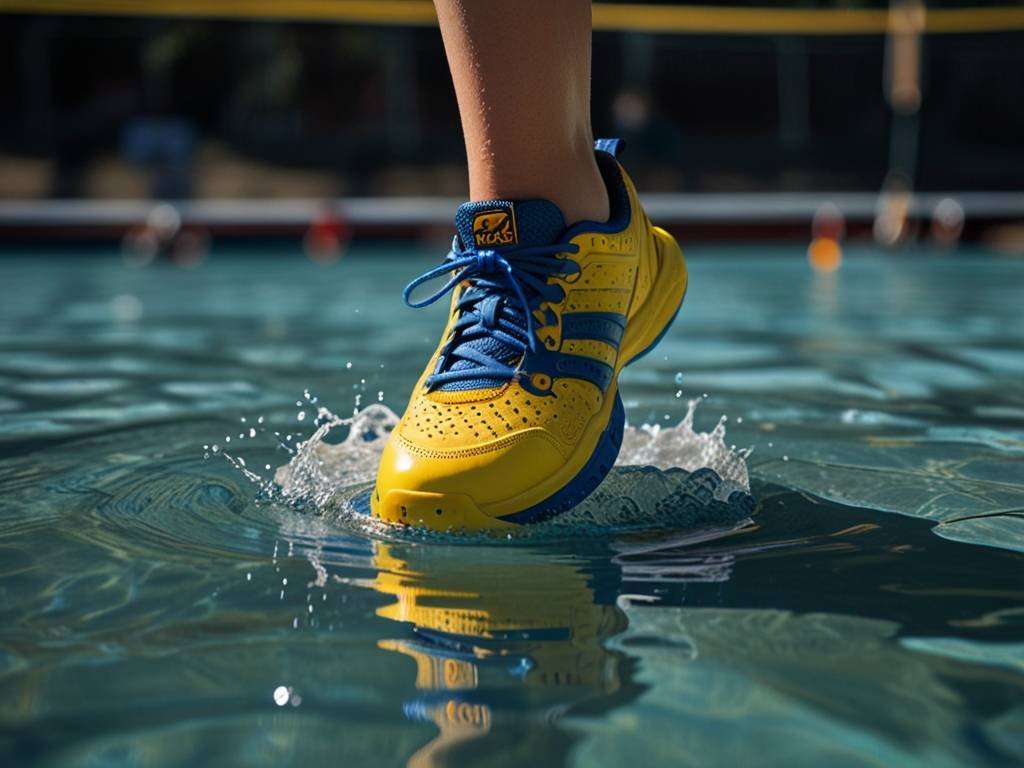 Yellow waterproof volleyball shoes floating on water, highlighting their water-resistant feature