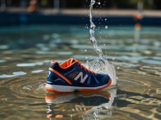 Blue Nike waterproof volleyball shoes submerged in water, showcasing their water-resistant capabilities