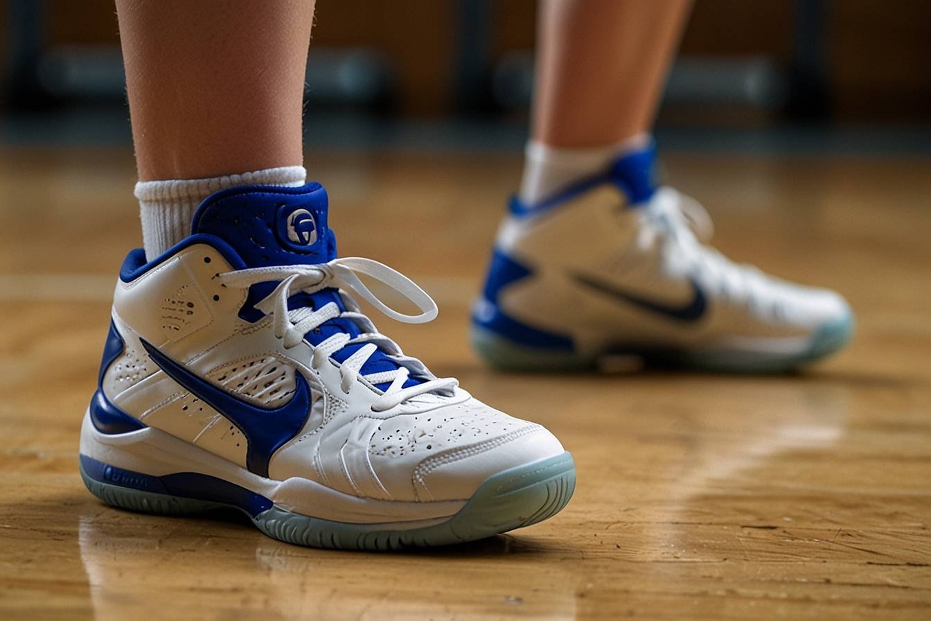 Blue and white air cushioning shoes on an indoor volleyball court.