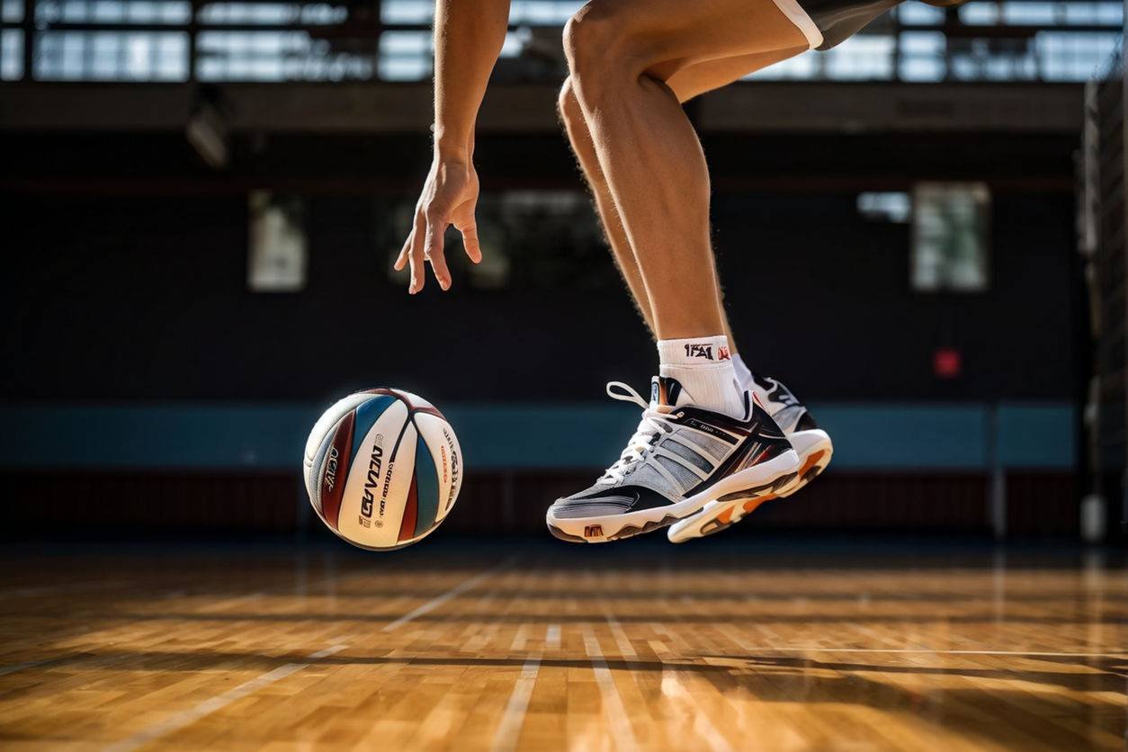 Man playing volleyball on the court, wearing the best grip volleyball shoes, with a volleyball in the air