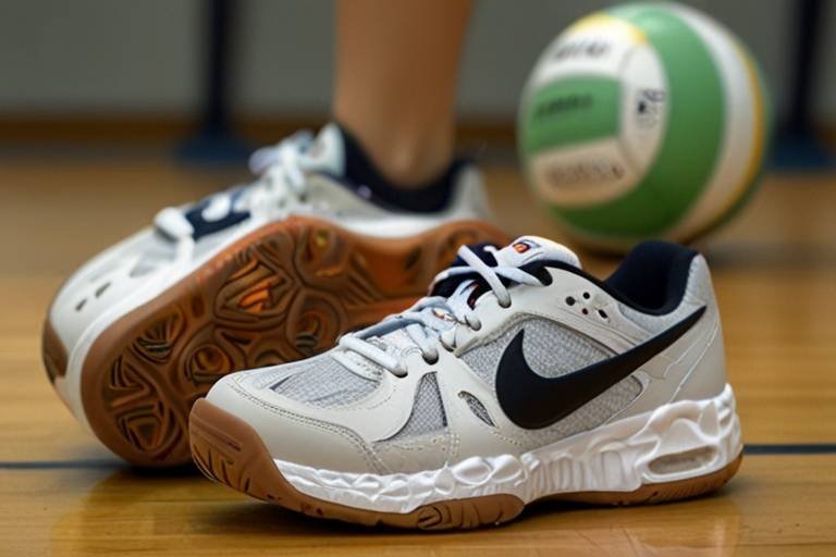 Pair of Nike volleyball shoes with EVA midsole on an indoor court with a green volleyball, showcasing style and comfort