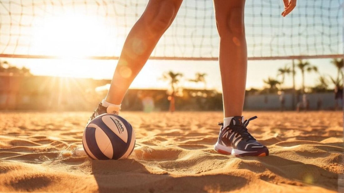 Men playing volleyball in the sand in the afternoon, wearing EVA midsole volleyball shoes for enhanced comfort and performance