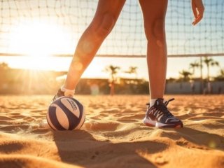 Men playing volleyball in the sand in the afternoon, wearing EVA midsole volleyball shoes for enhanced comfort and performance