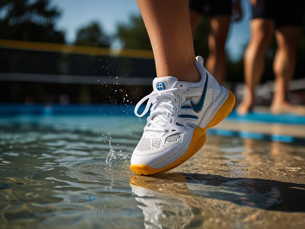 Child jumping in water wearing quick-drying shoes