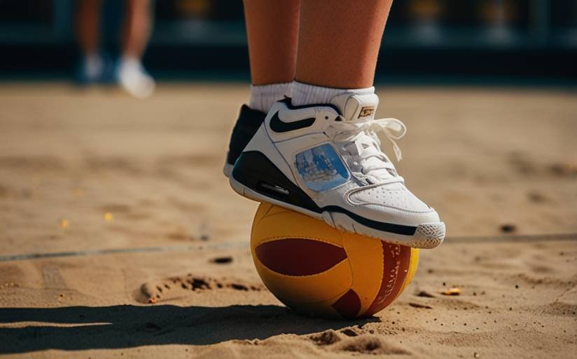 Nike volleyball shoes on a volleyball on an outdoor court, highlighting versatility and durability.