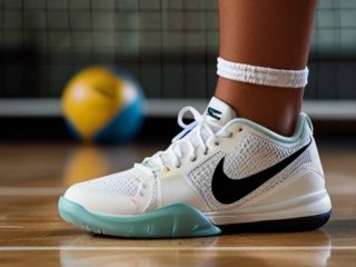 White Nike volleyball shoes with a volleyball in the background, highlighting the shoes' sleek design and court-ready performance.