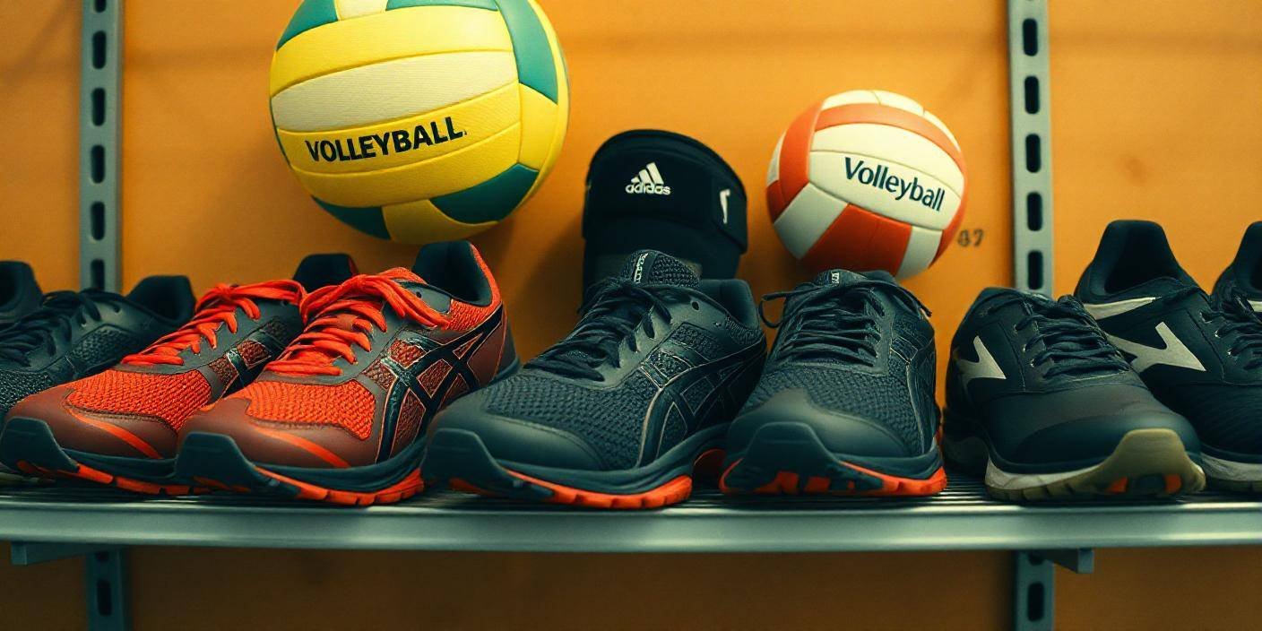 A variety of volleyball shoes alongside a volleyball, highlighting the best breathable volleyball shoes for optimal performance.