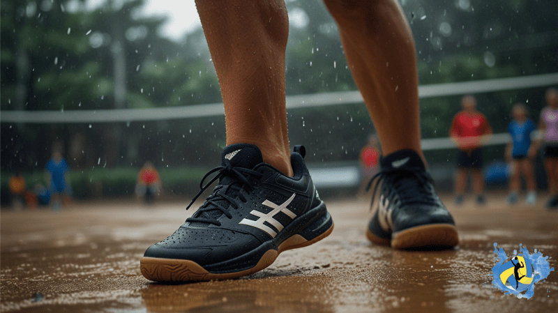 Shoes of asics on outdoor volleyball court in rainy season 