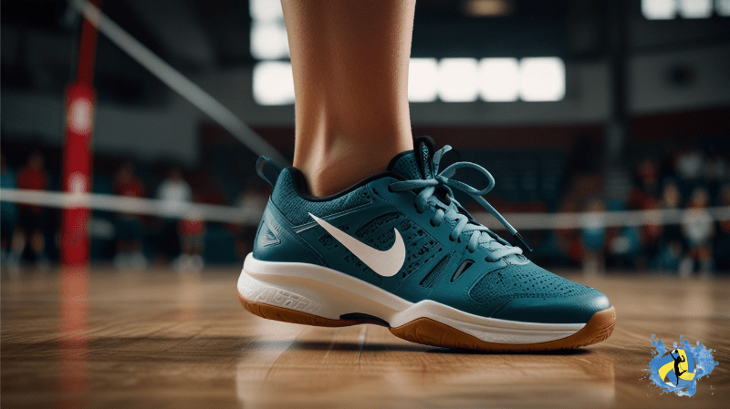 Light blue volleyball gear in indoor court uses proper technologies of volleyball shoes