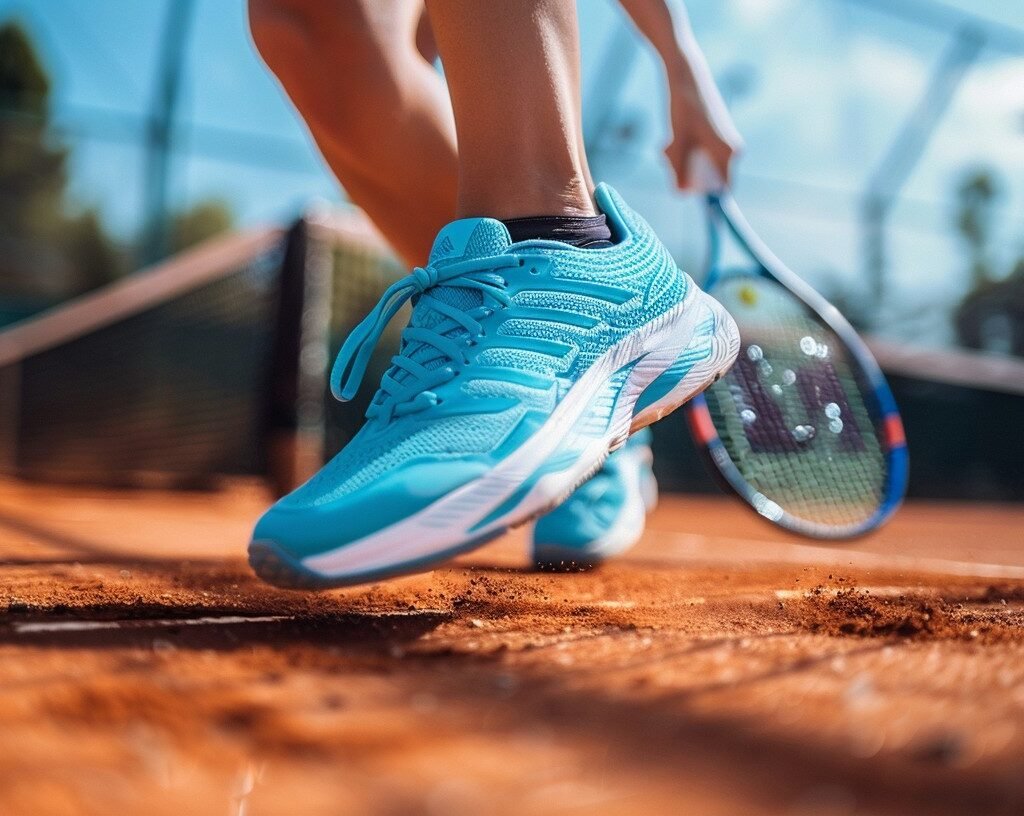 a man taking shot in tennis court with blue color sports shoes