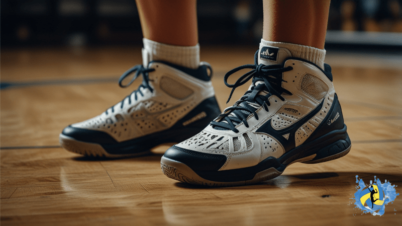 Asics volleyball shoes on a wooden gym court in girl foots