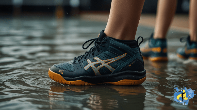 Dark blue volleyball shoes of waterproof quality in rain water