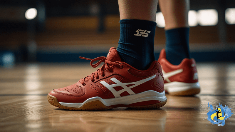 Red asics volleyball shoes in a girl foot on indoor volleyball court